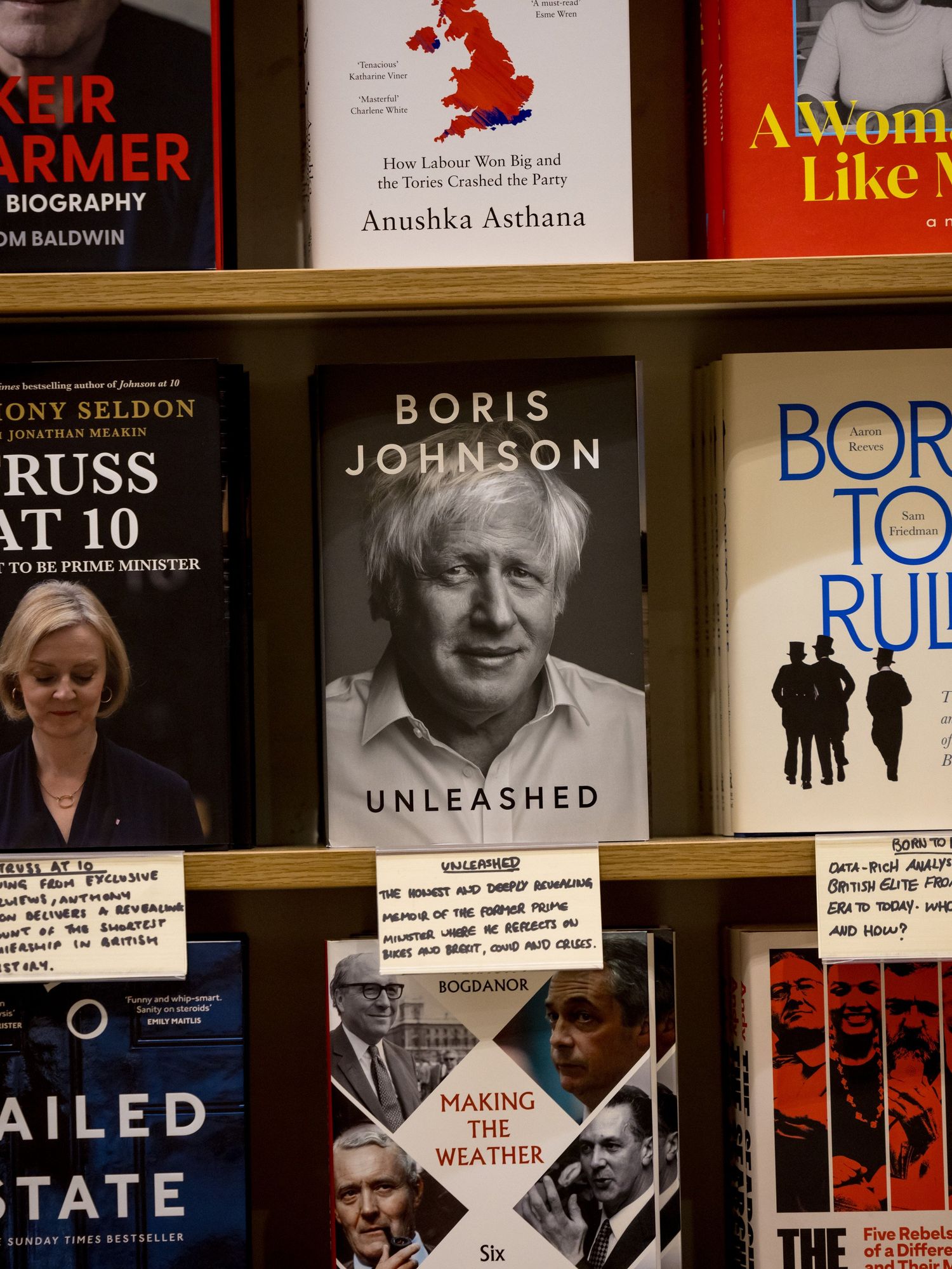 Boris Johnson's 'Unleashed' rests on a bookshelf in Waterstones Piccadilly.