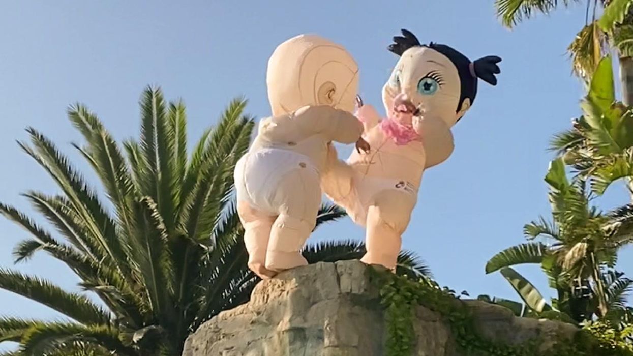 Inflatable 'boy' and 'girl' wrestle for a chance to be born in crazy gender reveal