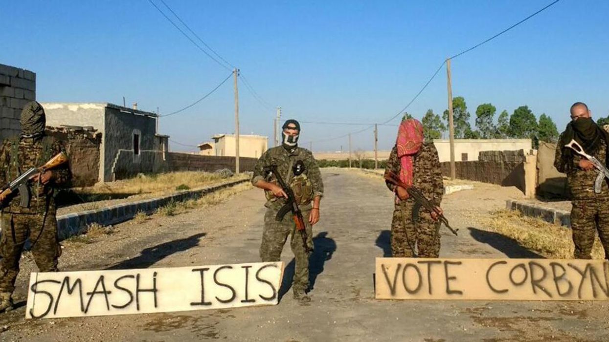 British volunteers with the Kurdish People's Protection Units (YPG) announced their support for Jeremy Corbyn from the Raqqa front in Syria in June 2017 SUPPLIED