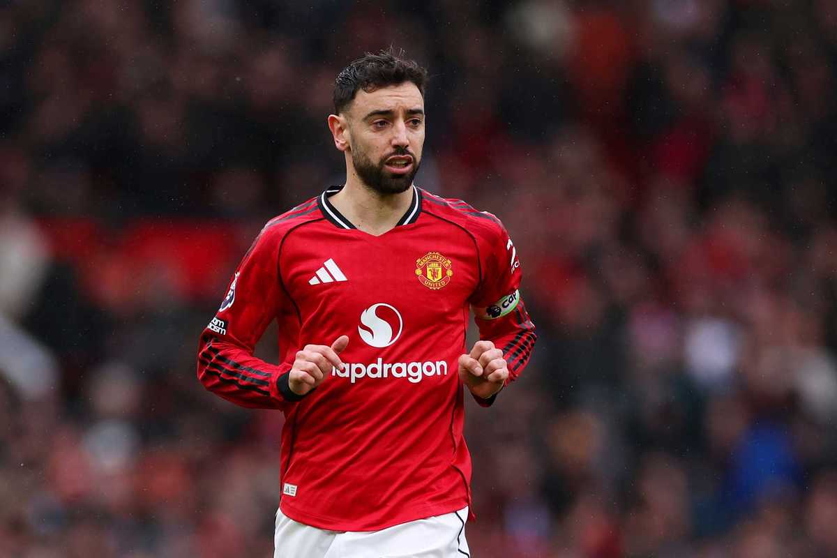 Bruno Fernandes of Manchester United looks on during the Premier League match between Manchester United and Aston Villa at Old Trafford on March 15, 2026 in Manchester, England