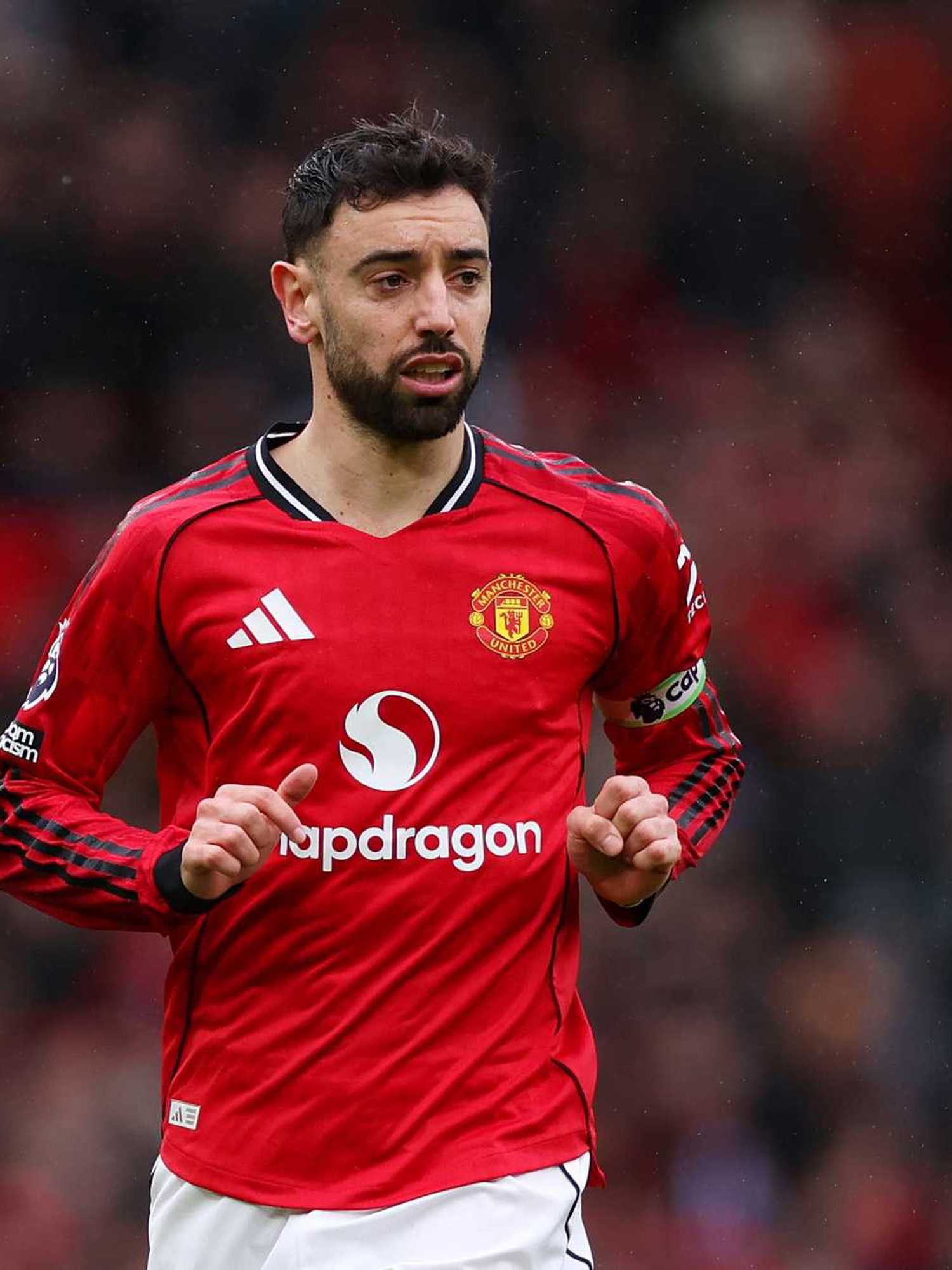 Bruno Fernandes of Manchester United looks on during the Premier League match between Manchester United and Aston Villa at Old Trafford on March 15, 2026 in Manchester, England