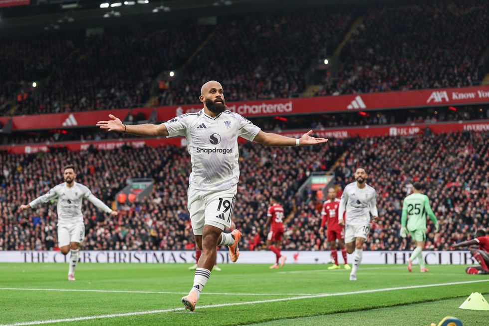 Bryan Mbeumo of Manchester United celebrates scoring to make it 1-0 during the Premier League match between Liverpool and Manchester United at Anfield on October 19, 2025 in Liverpool, England
