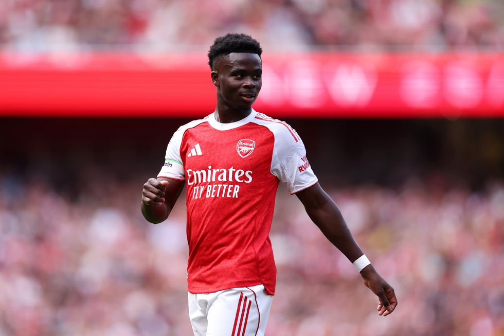 Bukayo Saka of Arsenal looks on during the pre-season friendly match between Arsenal and Villarreal at Emirates Stadium on August 06, 2025 in London, England