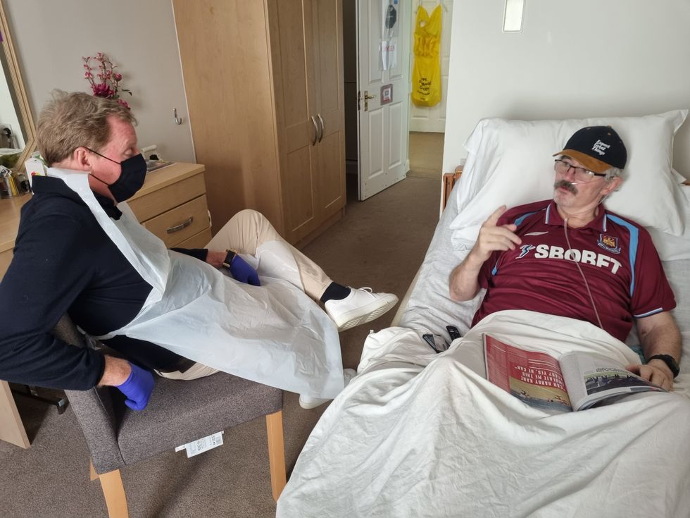 Bupa Queensmount care home \u2013 Harry Redknapp with West Ham fan, Frank McHale 2