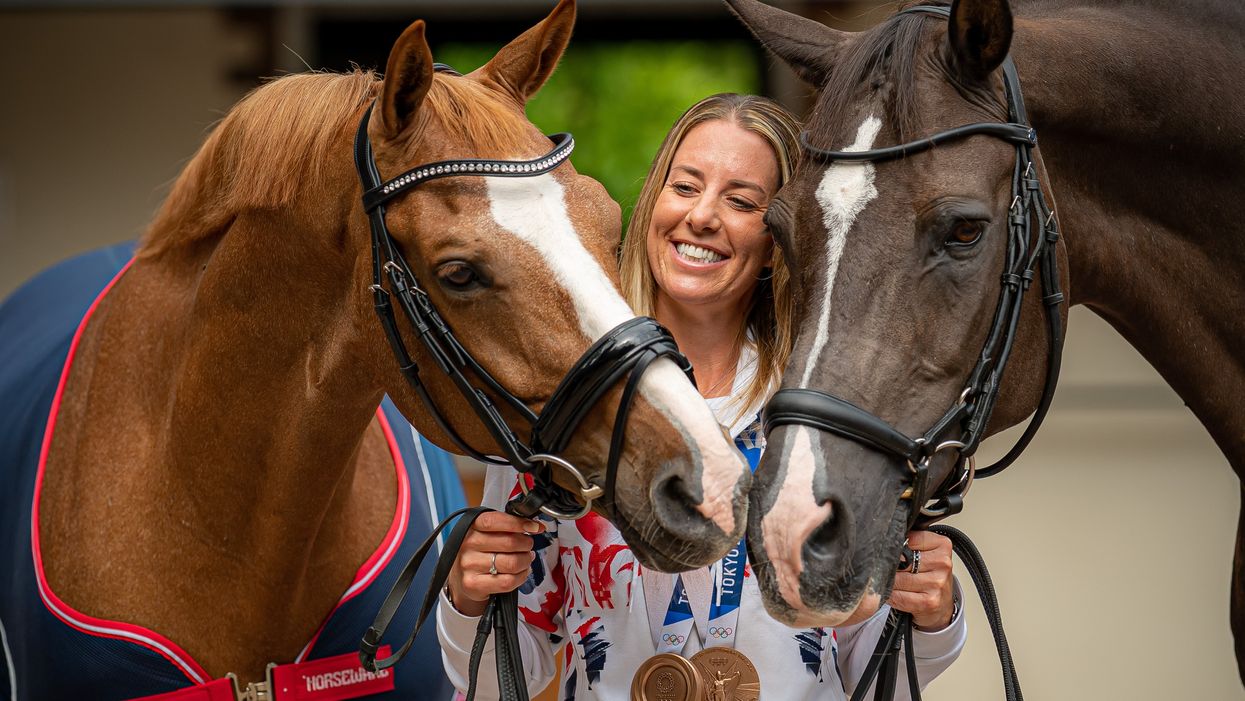 Charlotte Dujardin with her Tokyo 2020 Olympic winning horse Gio, left, and former Olympic gold medal winner Valegro (Ben Birchall/PA)