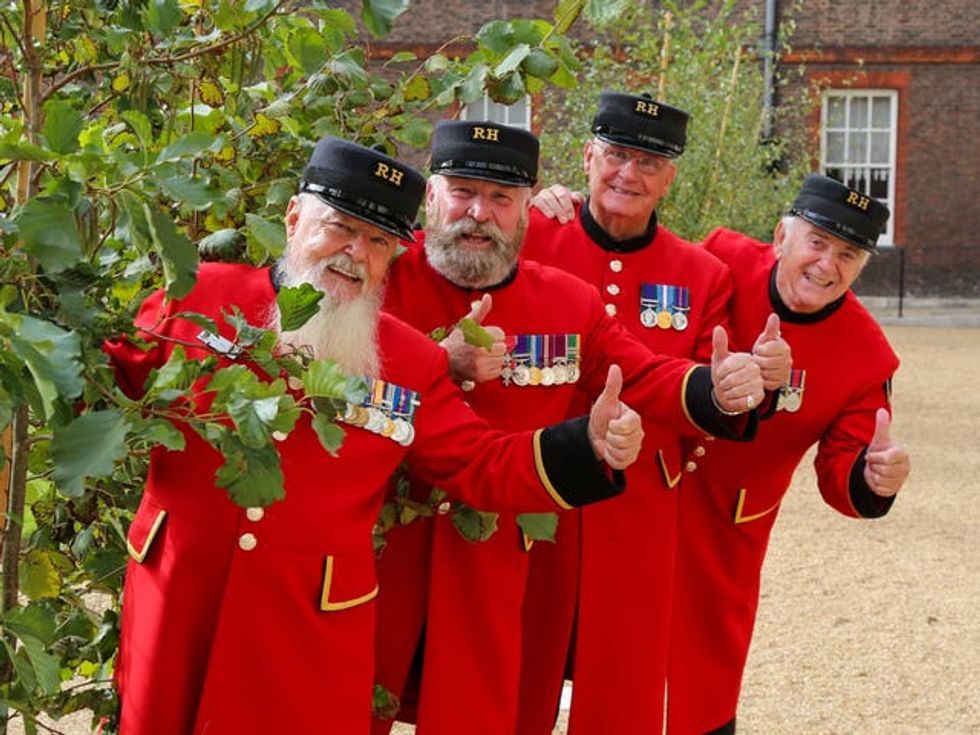 Chelsea Pensioners with trees from The Queen\u2019s Green Canopy
