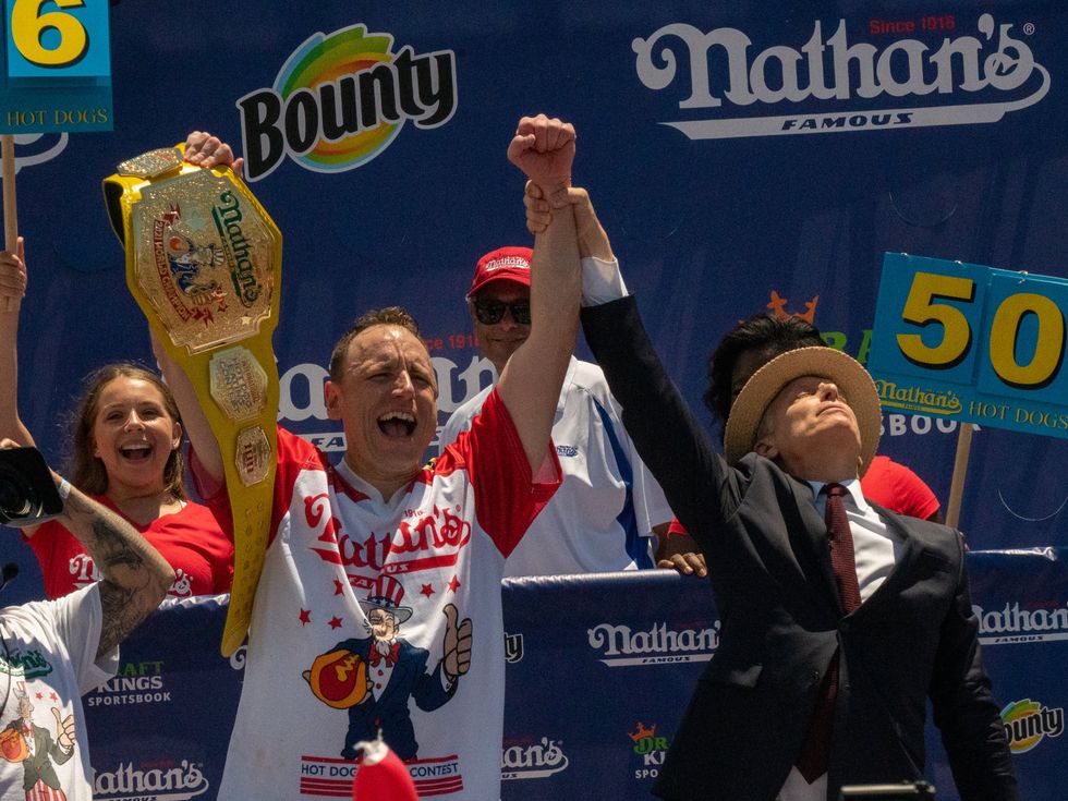 Chestnut triumphed after devouring 76 hot dogs and buns in 10 minutes