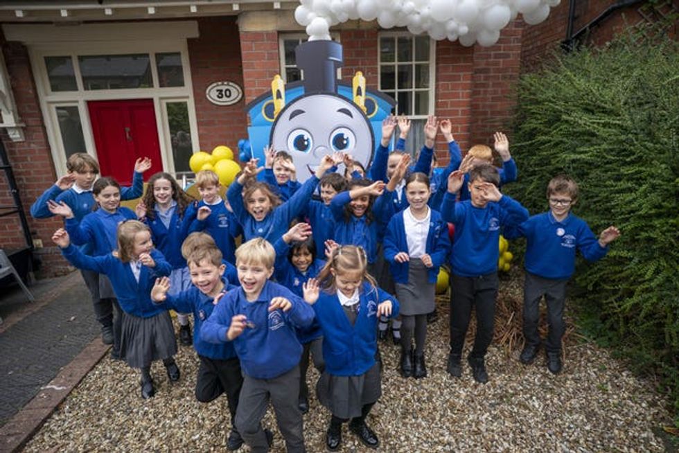 Children from Rodborough Community School during the unveiling of the Historic England National Blue Plaque for Reverend Wilbert Awdry in Stroud