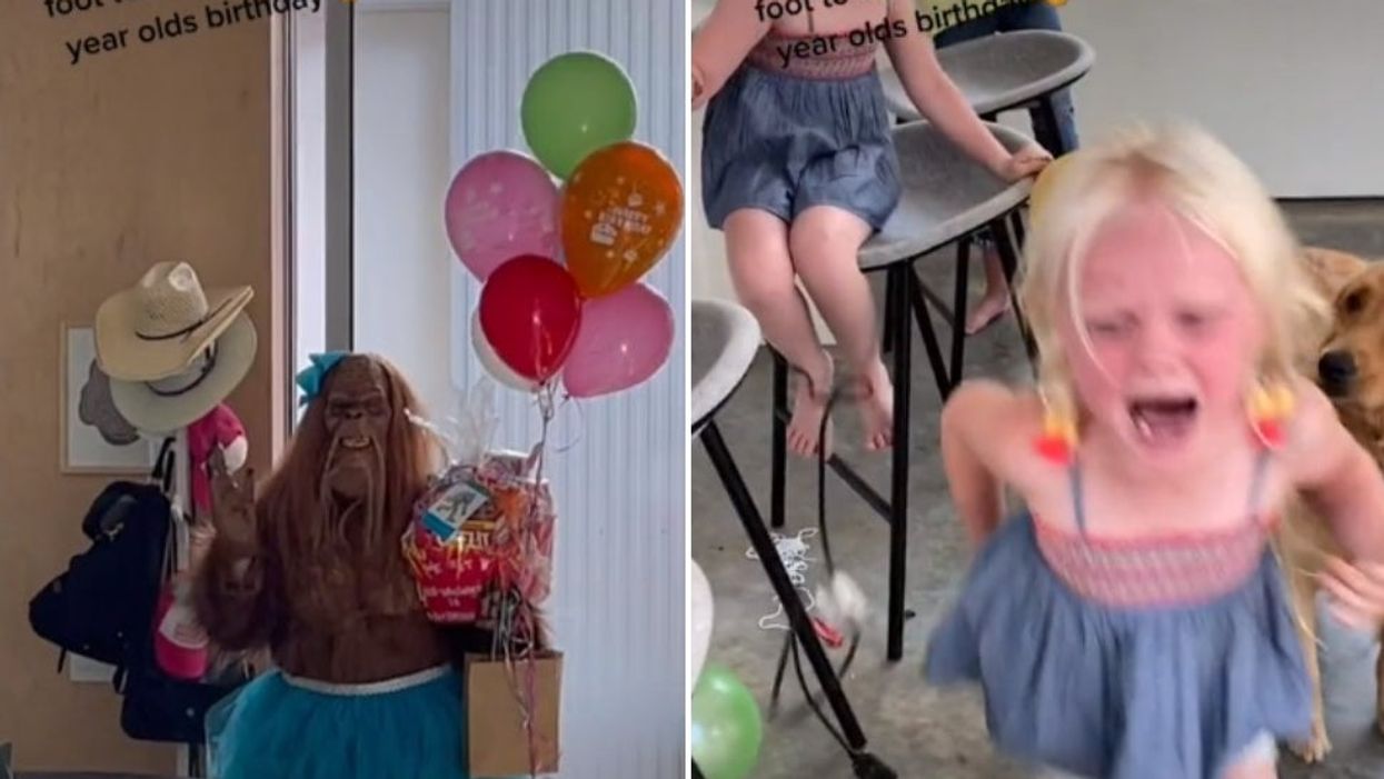 <p>Cinnamon the Bigfoot arrives at the party with gifts (left) but her appearance horrifies the children (right) </p>