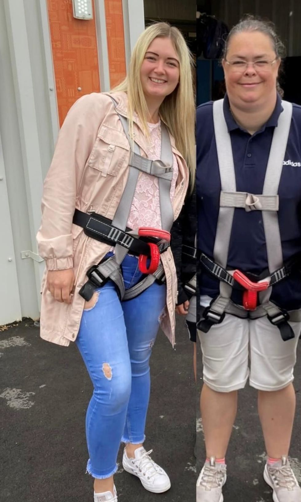 Claire Stork and friend Levi Bowditch preparing to practice on high ropes