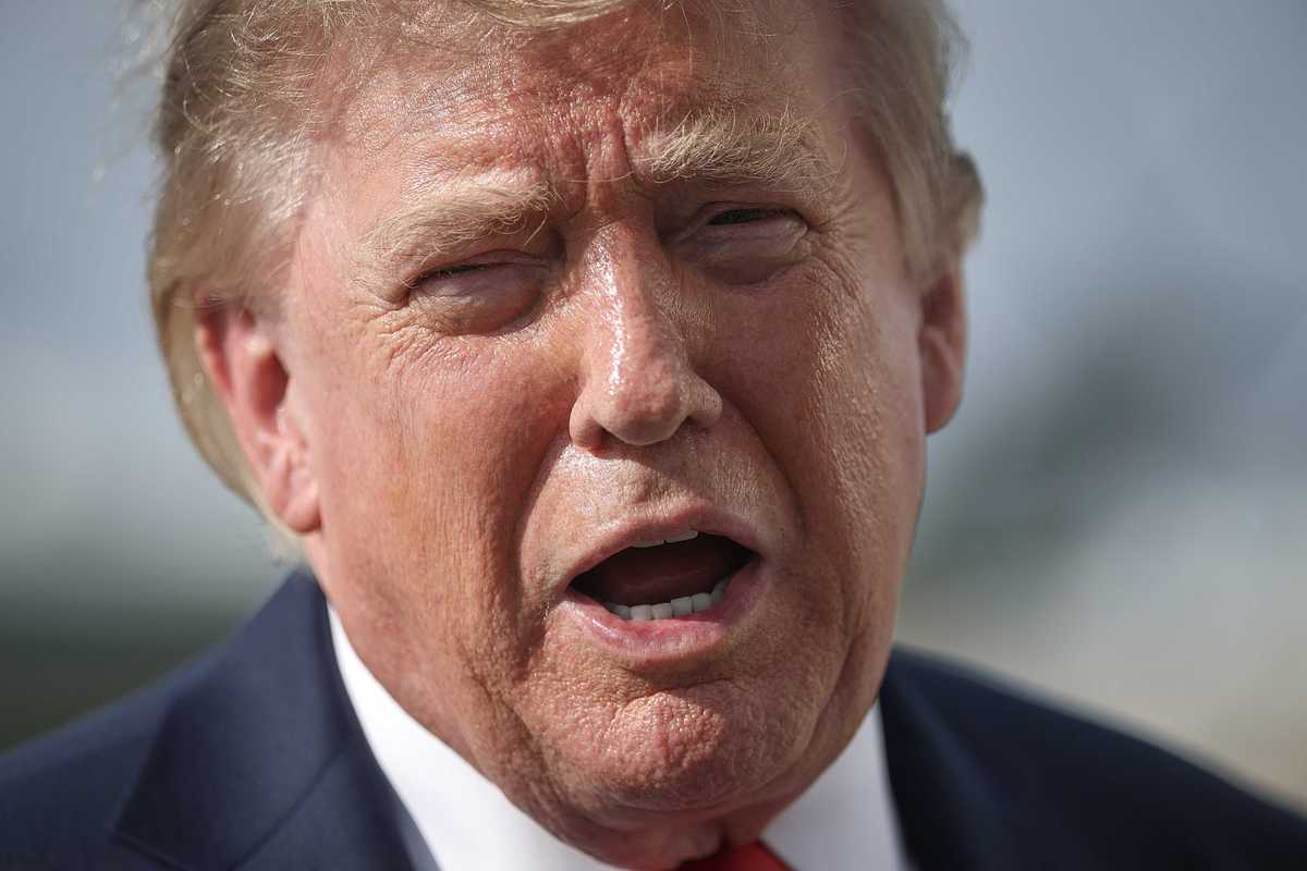 Close up of Donald Trump speaking to reporters in Maryland.