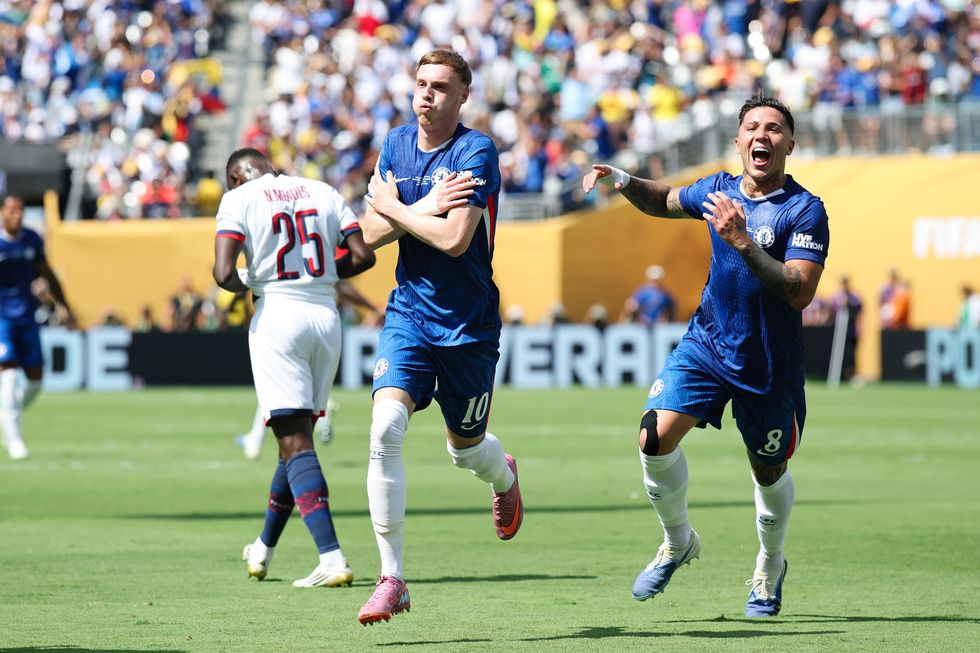 Cole Palmer #10 of Chelsea FC celebrates scoring his team's first goal during the FIFA Club World Cup 2025 Final match between Chelsea FC and Paris Saint-Germain at MetLife Stadium on July 13, 2025 in East Rutherford, New Jersey