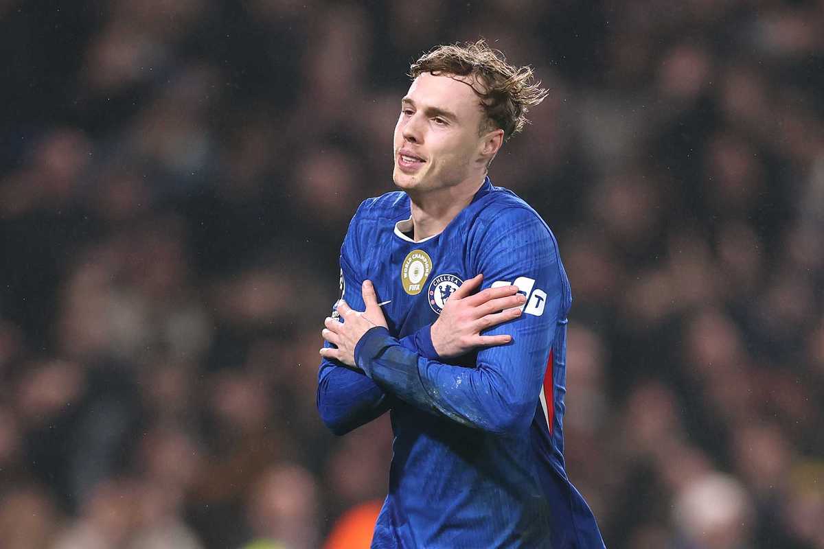 Cole Palmer of Chelsea celebrates scoring his team's second goal from the penalty spot during the Premier League match between Chelsea and Leeds United at Stamford Bridge on February 10, 2026 in London, England