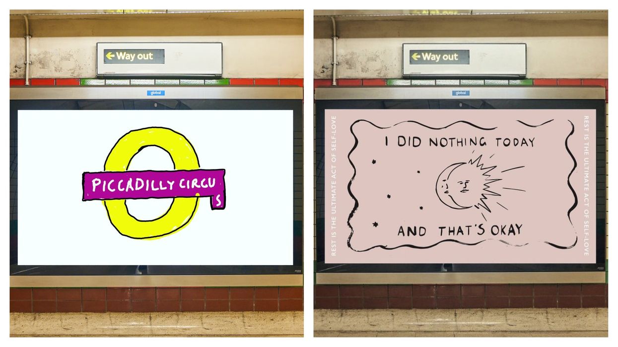 Composite image showing David Hockney's artwork,, left, and a mockup of local artist Lauren Nevill's replacement (TFL/Lauren Nevill)