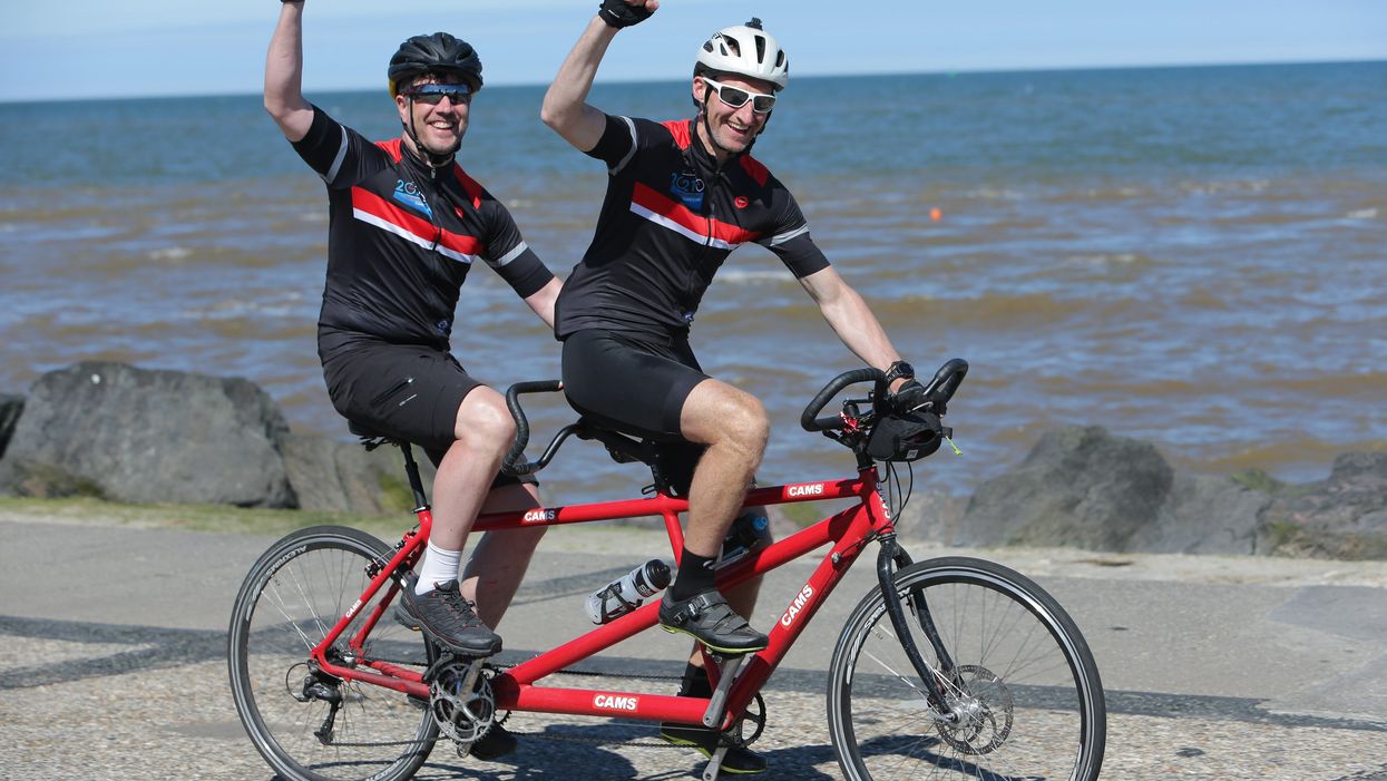 Cousins Tim and Andy Caldwell on their tandem bike