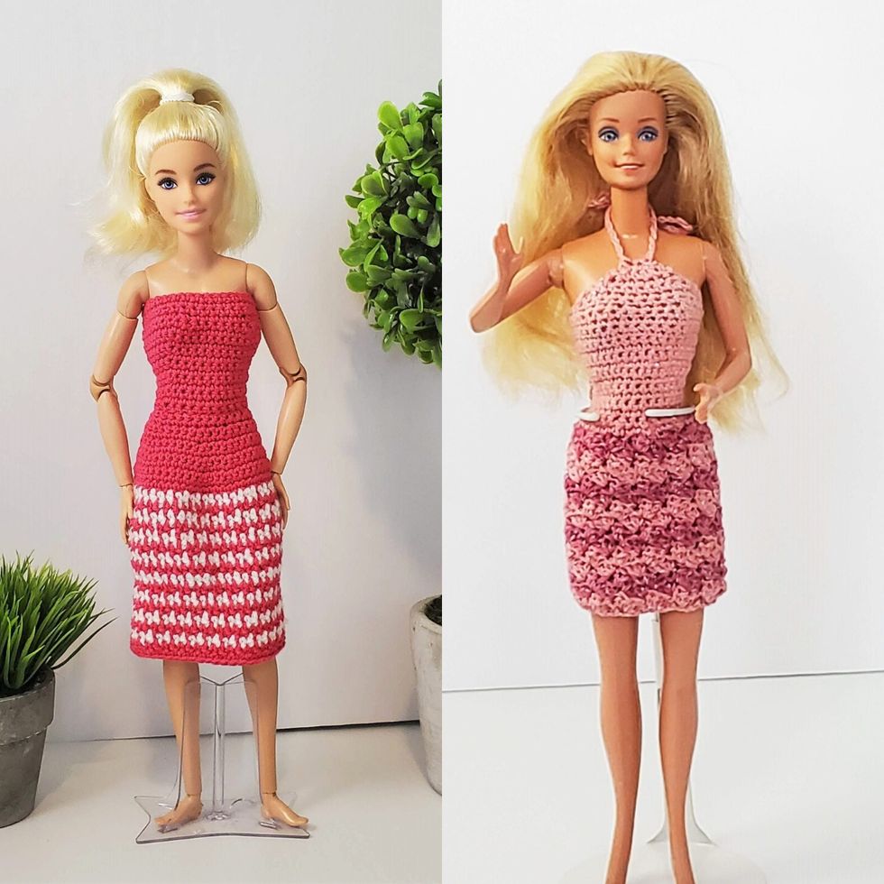 Crocheted dresses on Barbies