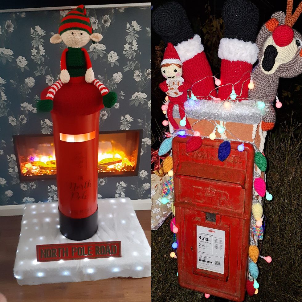 Crocheted ‘cheeky’ elves and Santa in a chimney adorn postboxes