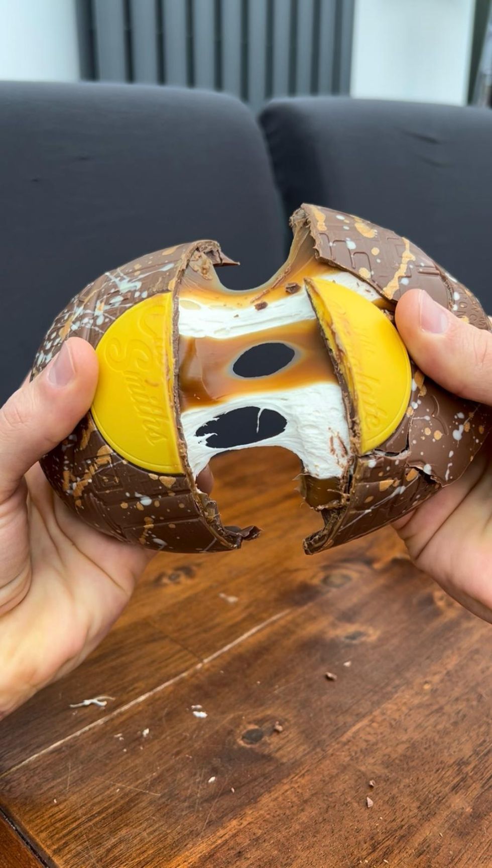 Cross section of a gooey chocolate Easter egg