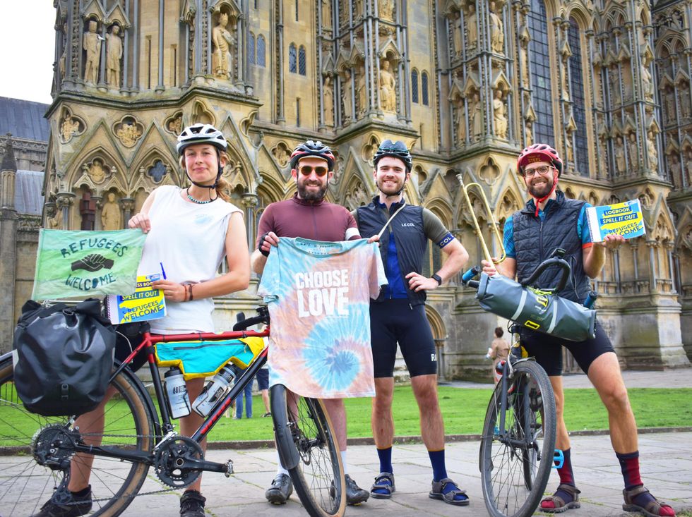 Cyclists (from left to right) Georgie Cottle, Ed Roberts-Graver, Mark Statham and David Charles outside Wells Cathedral (Dai Richards/David Charles/PA).