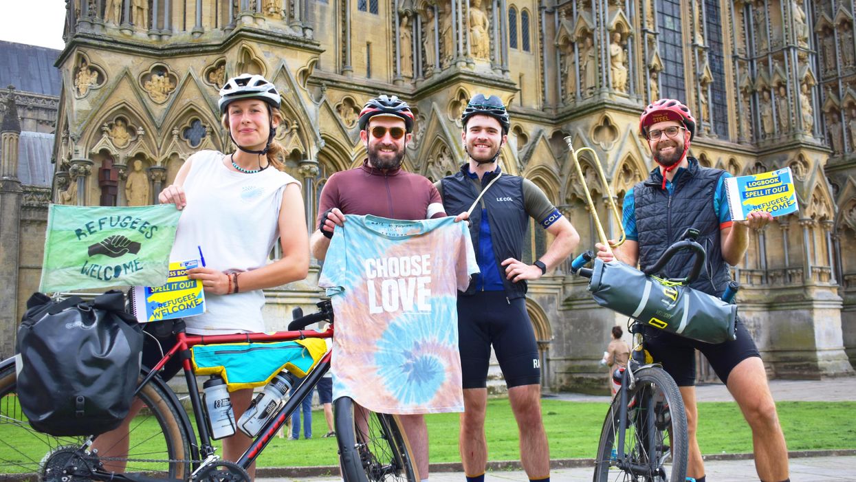 Cyclists (from left to right) Georgie Cottle, Ed Roberts-Graver, Mark Statham and David Charles outside Wells Cathedral (Dai Richards/David Charles/PA).