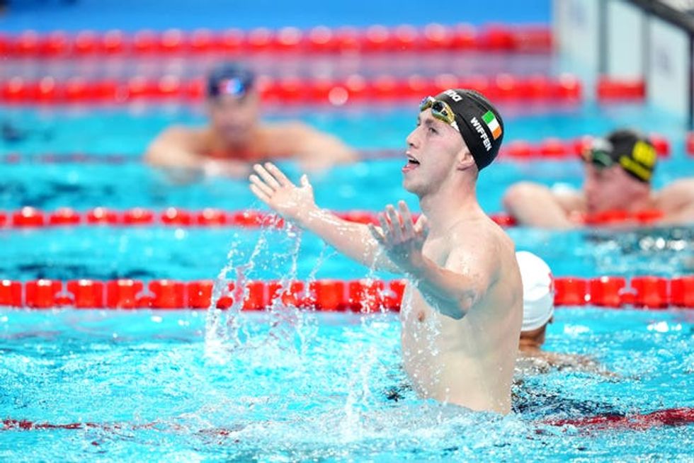 Daniel Wiffen celebrates after winning the Men\u2019s 800m Freestyle final (John Walton/PA)