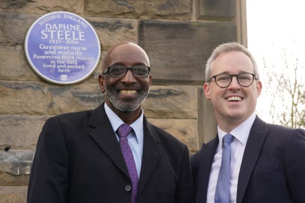 Daphne Steele\u2019s son Robert (left) with arts and heritage minister Lord Parkinson unveil a blue plaque honouring Daphne Steele