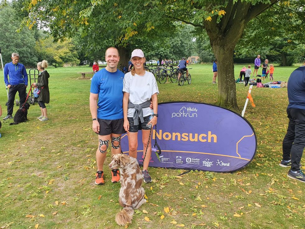 Darren Wood with partner Kellyjo Tapsell and their dog at Nonsuch parkrun in south London