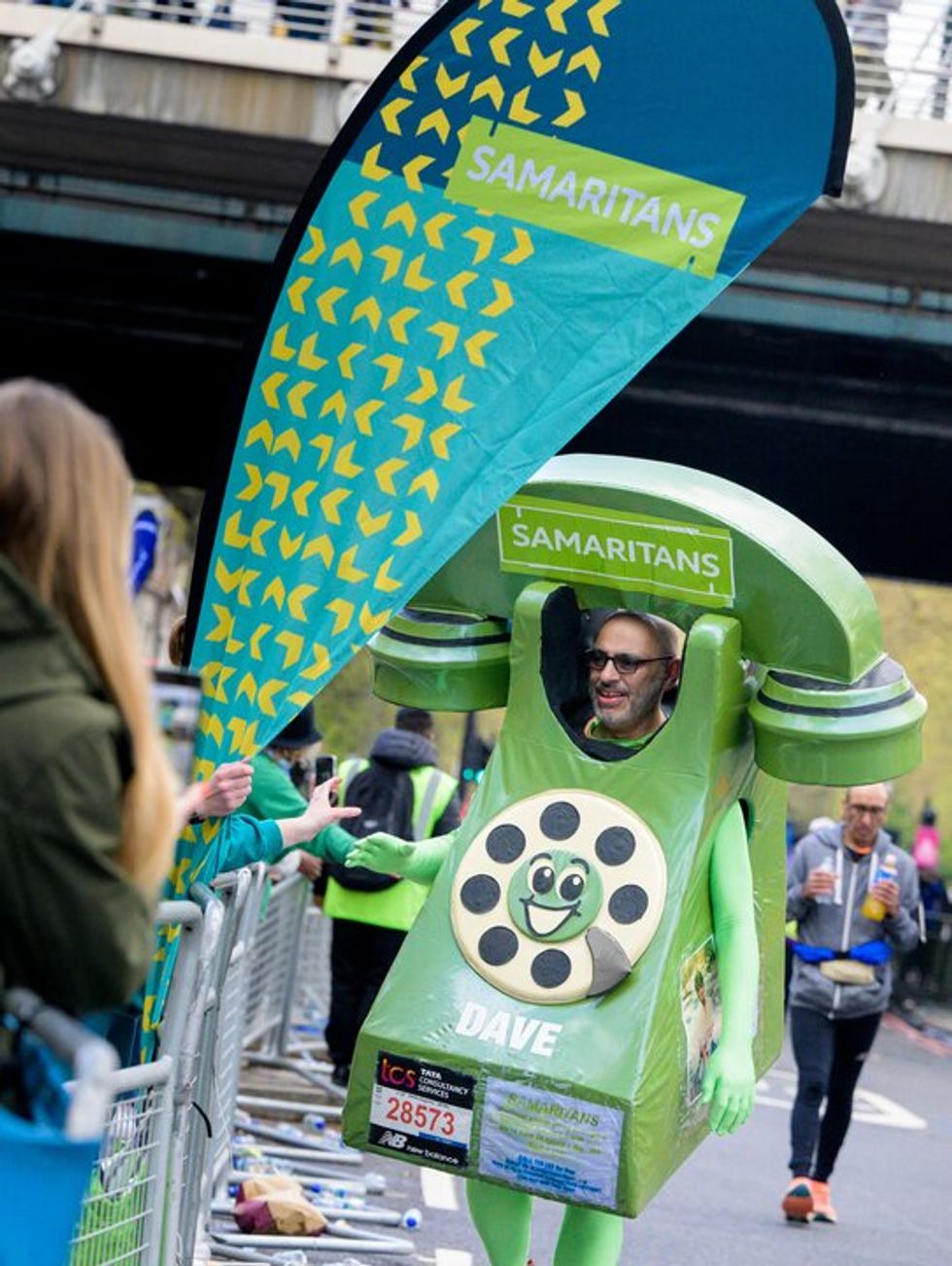 Dave Lock in his telephone costume during the 2023 TCS London Marathon