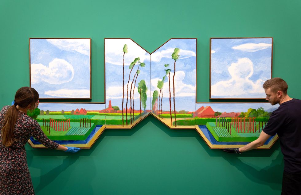 David Hockney's After Hobbema (Useful Knowledge) 2017 is installed at Cambridge's Fitzwilliam Museum. (David Hockney/ Joe Giddens/ PA)