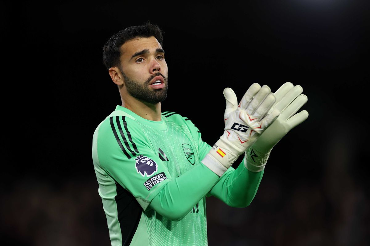David Raya of Arsenal reacts during the Premier League match between Fulham and Arsenal at Craven Cottage on October 18, 2025 in London, England
