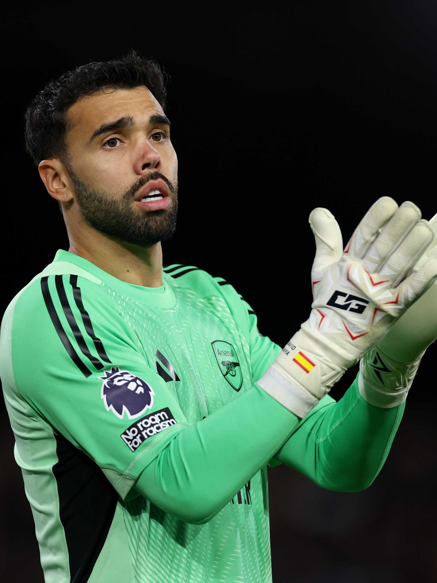 David Raya of Arsenal reacts during the Premier League match between Fulham and Arsenal at Craven Cottage on October 18, 2025 in London, England