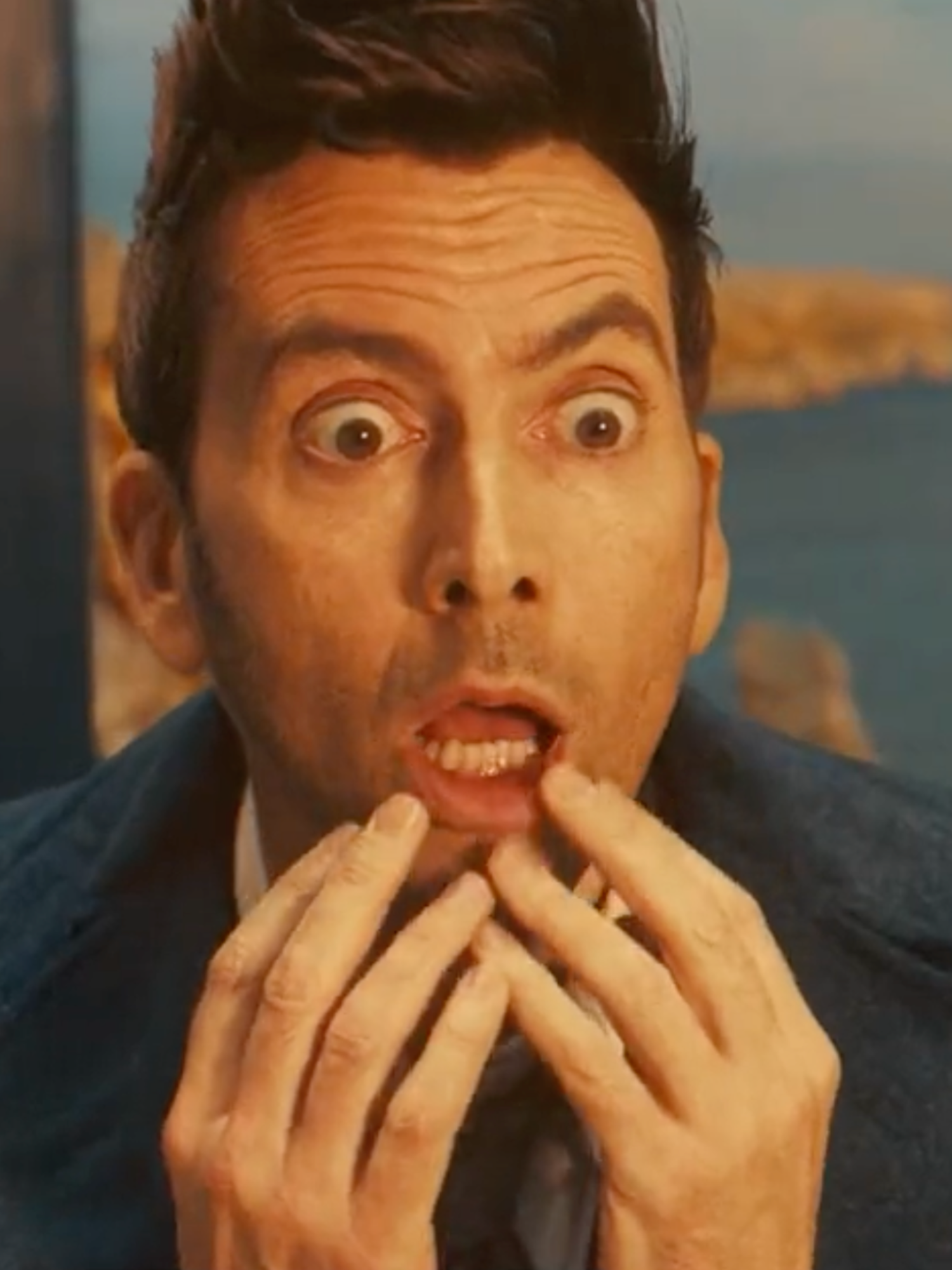 David Tennant, a white man with sticky-up brown hair and a blue jacket, as the Doctor.