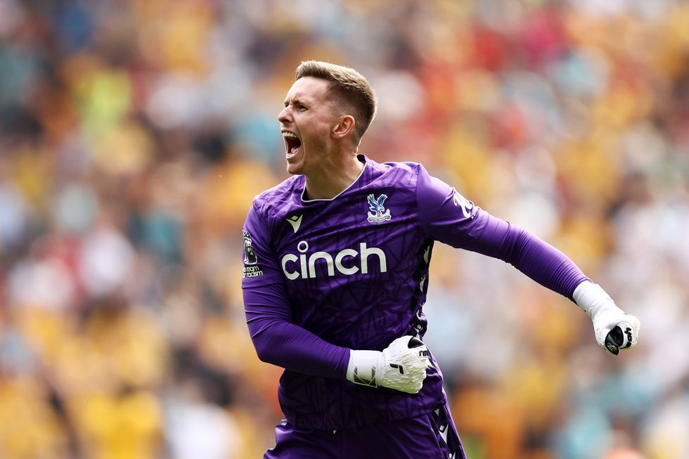 Dean Henderson of Crystal Palace celebrates after Jean-Philippe Mateta scores the teams second goal during the Premier League match between Wolverhampton Wanderers and Crystal Palace at Molineux on May 11, 2024