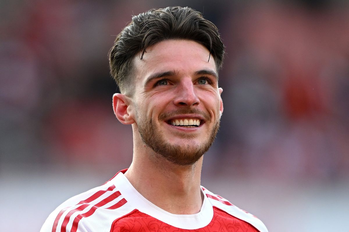 Declan Rice of Arsenal during the Premier League match between Arsenal FC and Newcastle United FC at Emirates Stadium on May 18, 2025 in London, England