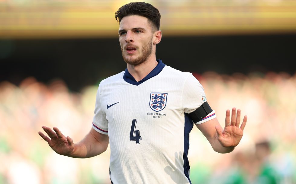Declan Rice of England celebrates scoring the 1-0 goal during the UEFA Nations League group F soccer match between Ireland and England in Dublin, Ireland, 07 September 2024