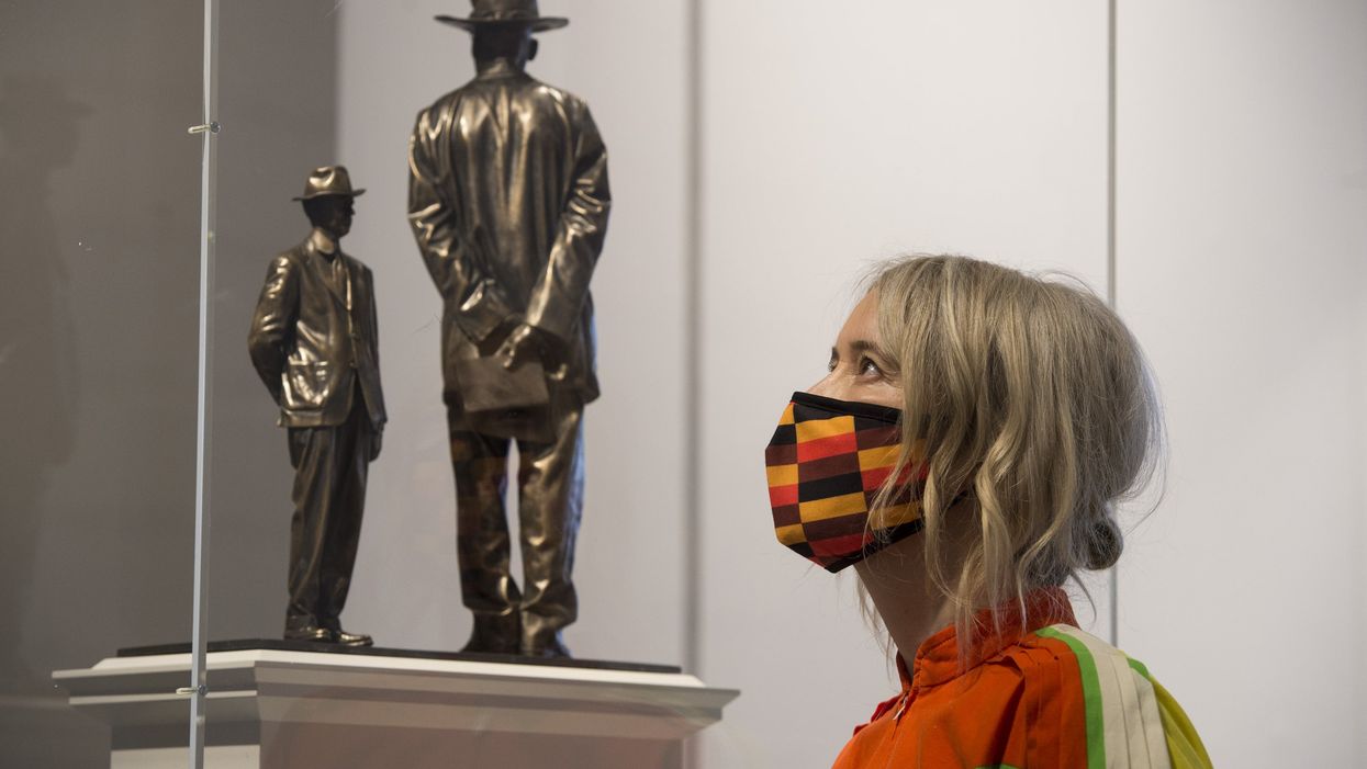 Deputy mayor Justine Simons looks at Antelope by Samson Kambalu at the National Gallery