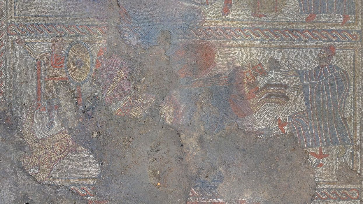 Detail of the Roman era mosaic uncovered in a farmer’s field in Rutland.(University of Leicester Archaeological Services/PA)