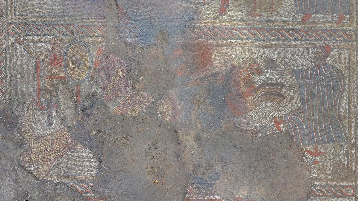 Detail of the Roman era mosaic uncovered in a farmer’s field in Rutland.(University of Leicester Archaeological Services/PA)