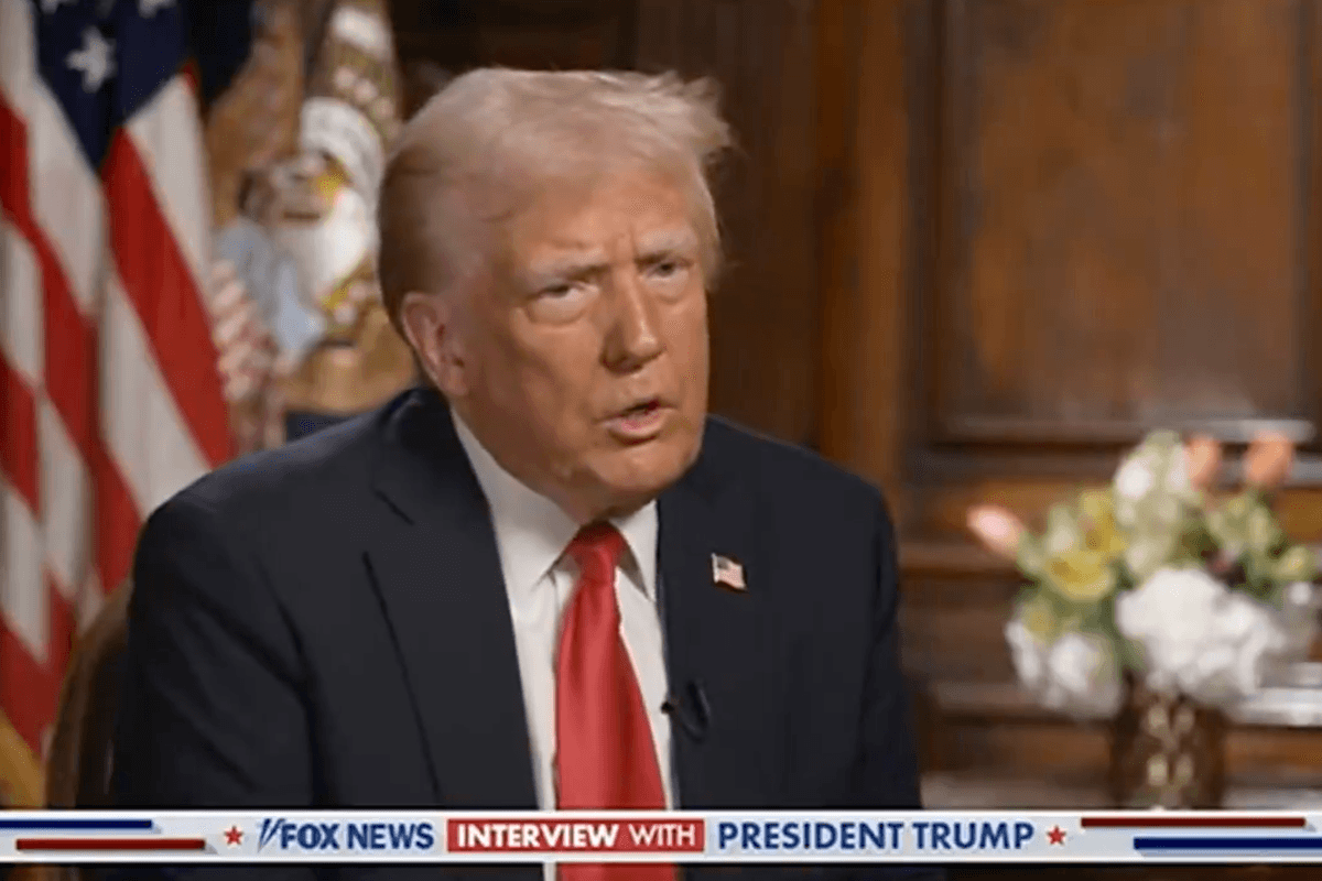 Donald Trump giving an interview on Fox News. A chyron at the bottom of the screen reads: 'Fox News interview with President Trump'.