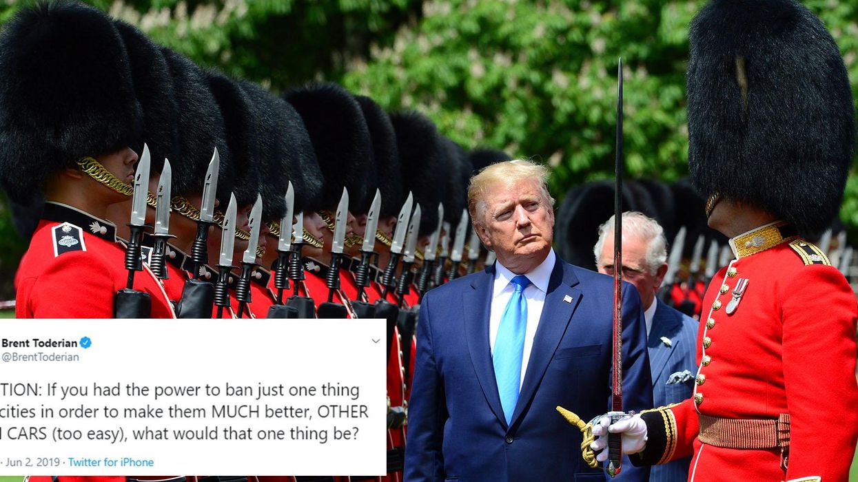Donald Trump inspecting the Guard of Honour of the British Army's Household Division during his ceremonial welcome at Buckingham Palace