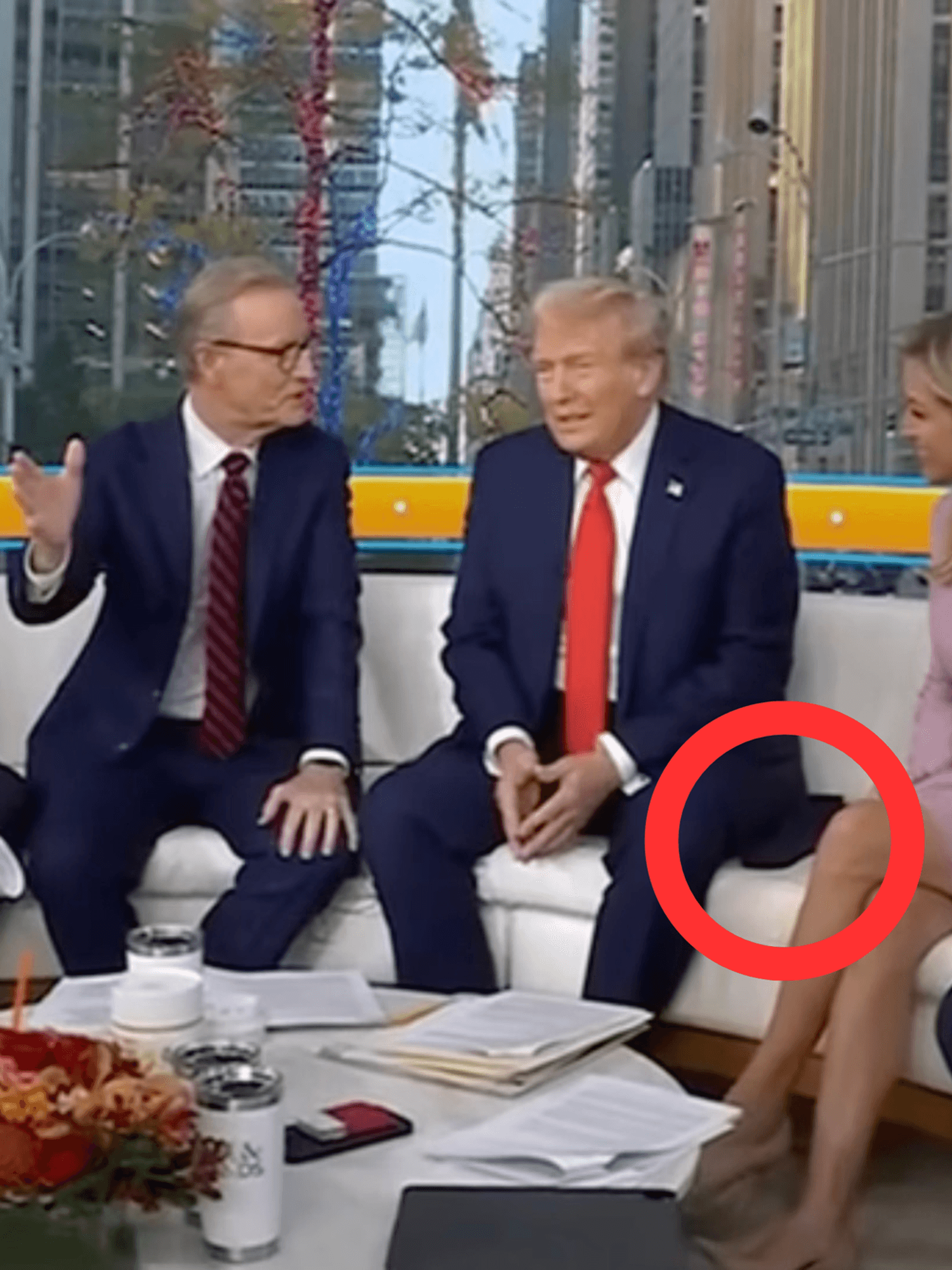 Donald Trump on the white Fox and Friends sofa, with a section of his suit jacket circled in red.