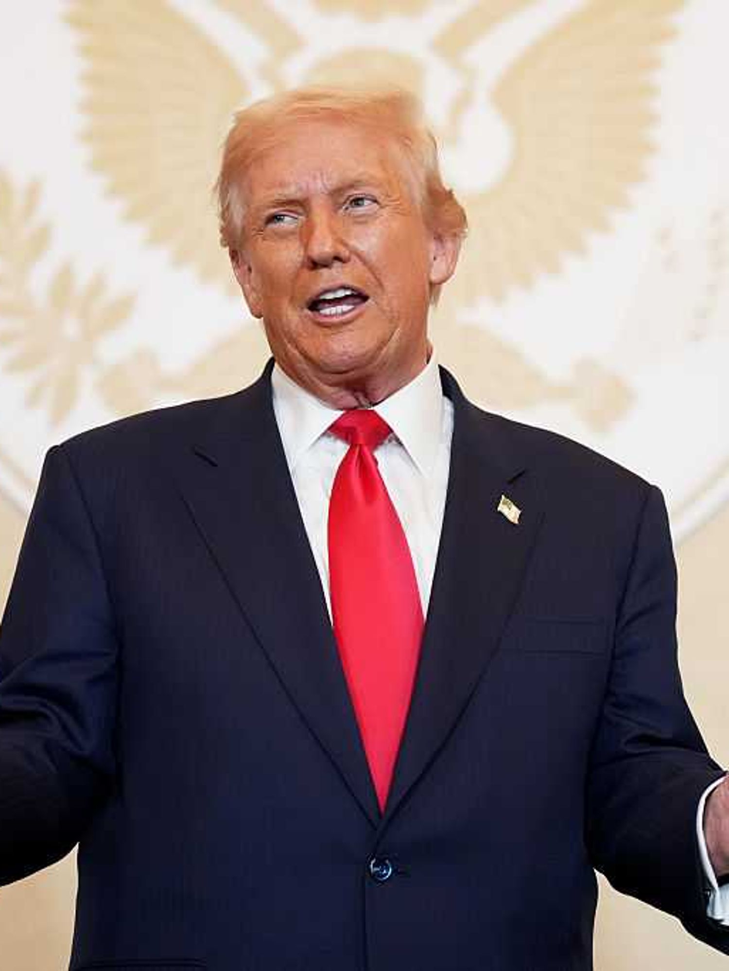 Donald Trump speaks in front of a cream wall with a bird insignia on it.