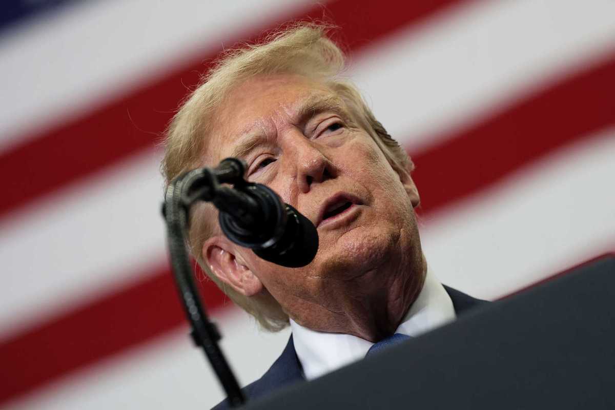 Donald Trump speaks into a microphone. A giant American flag is out of focus behind him.