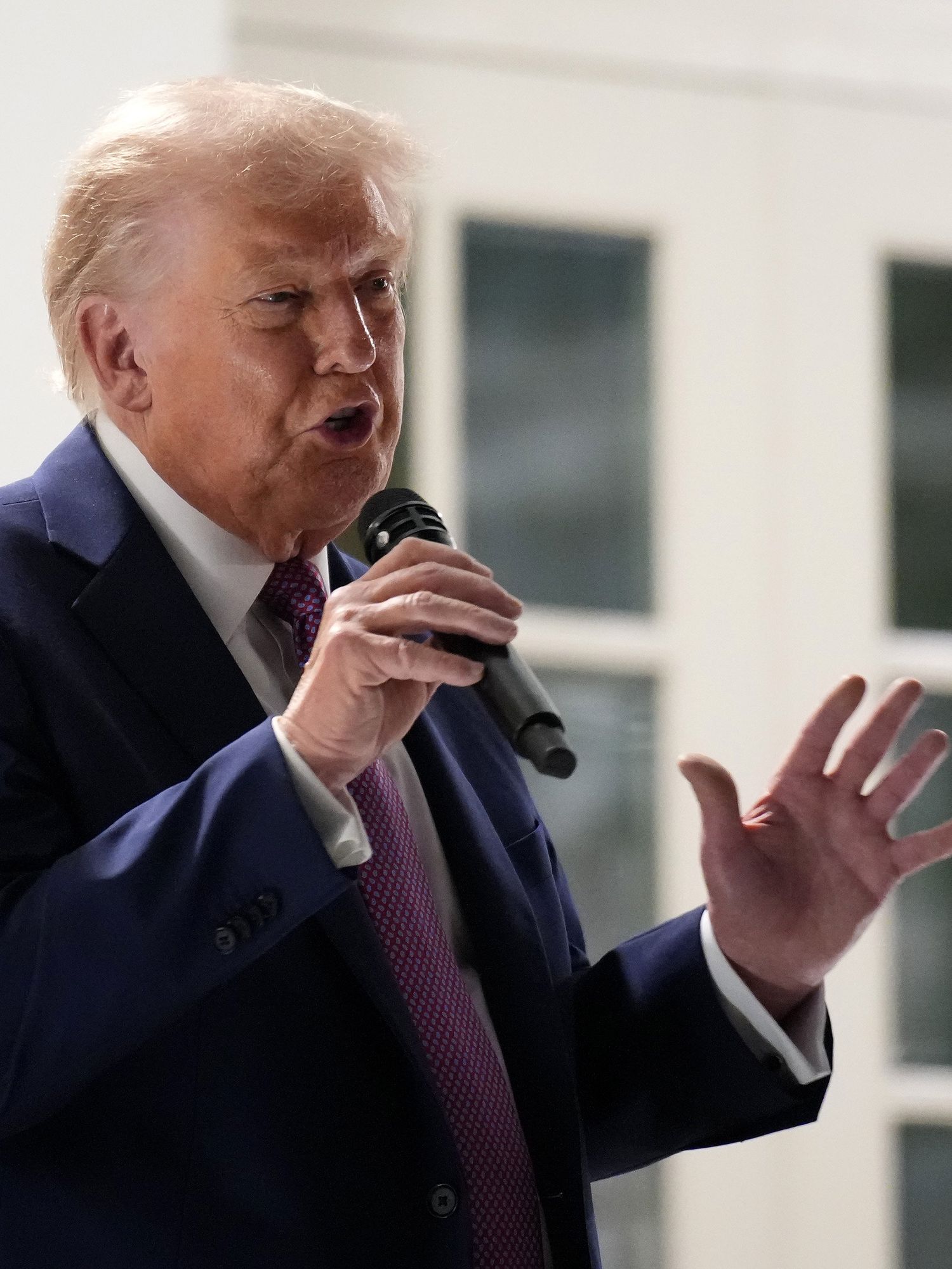 Donald Trump speaks into a microphone on the White House porch overlooking the Rose Garden.