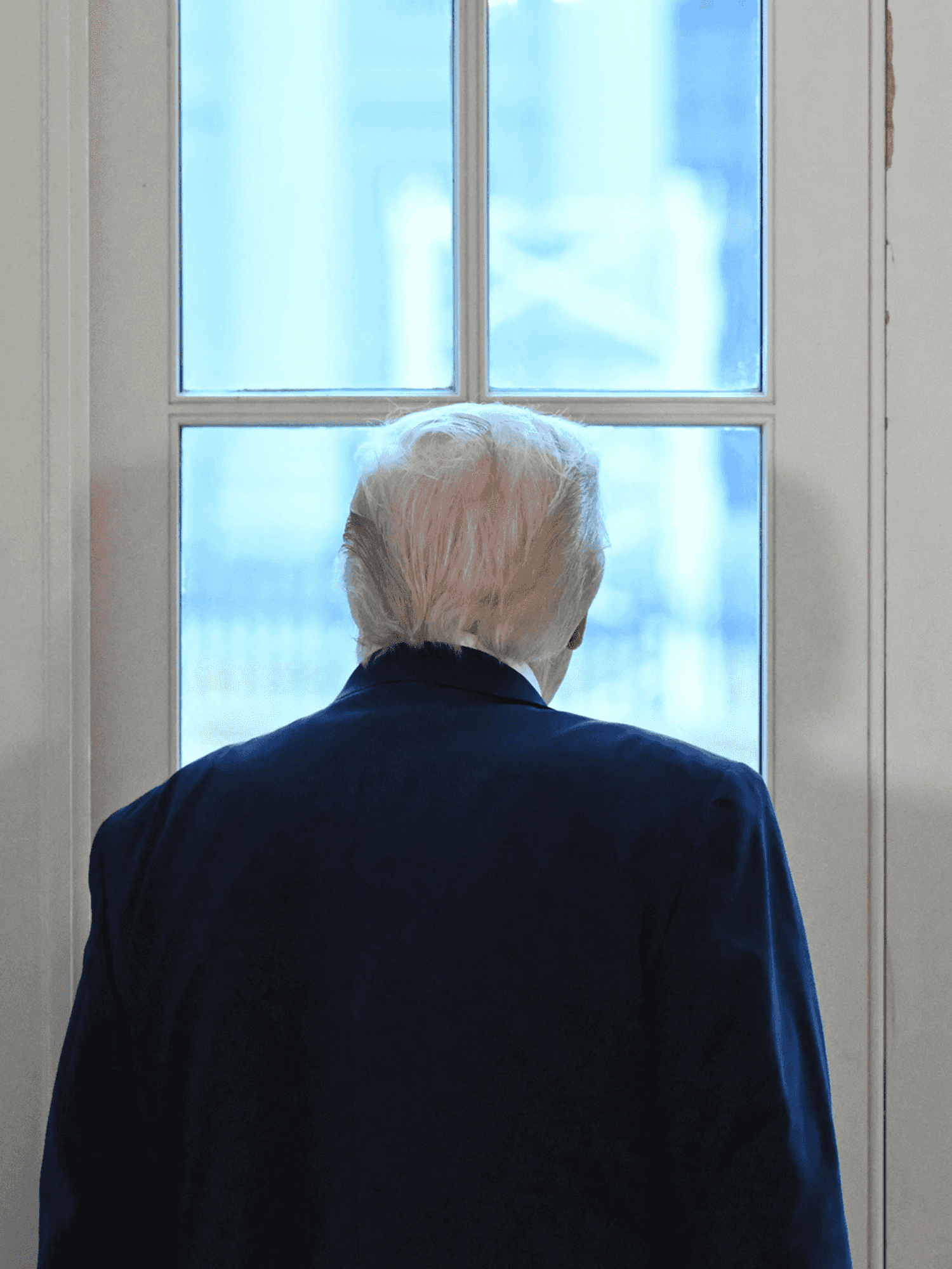 Donald Trump with his back to the camera, looking out of a window in the White House.