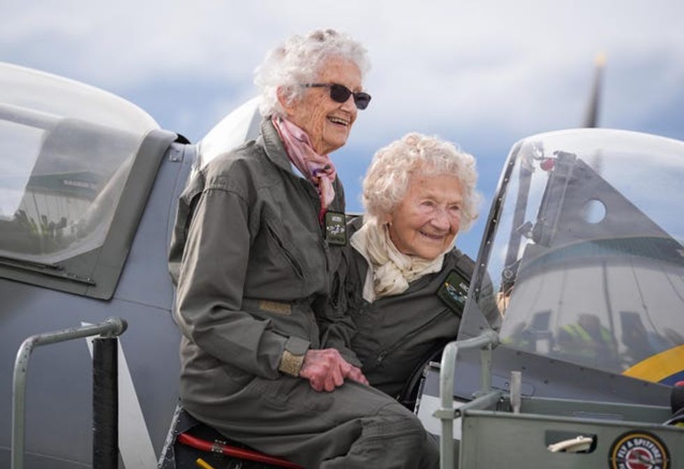 Dorothea Barron (right) with Robbie Hall after taking a flight in a Spitfire