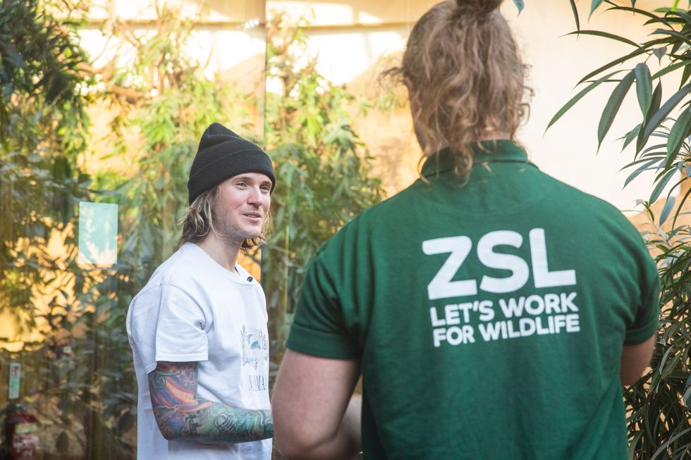 Dougie Poynter and a zoo keeper at London Zoo (ZSL London Zoo/PA)