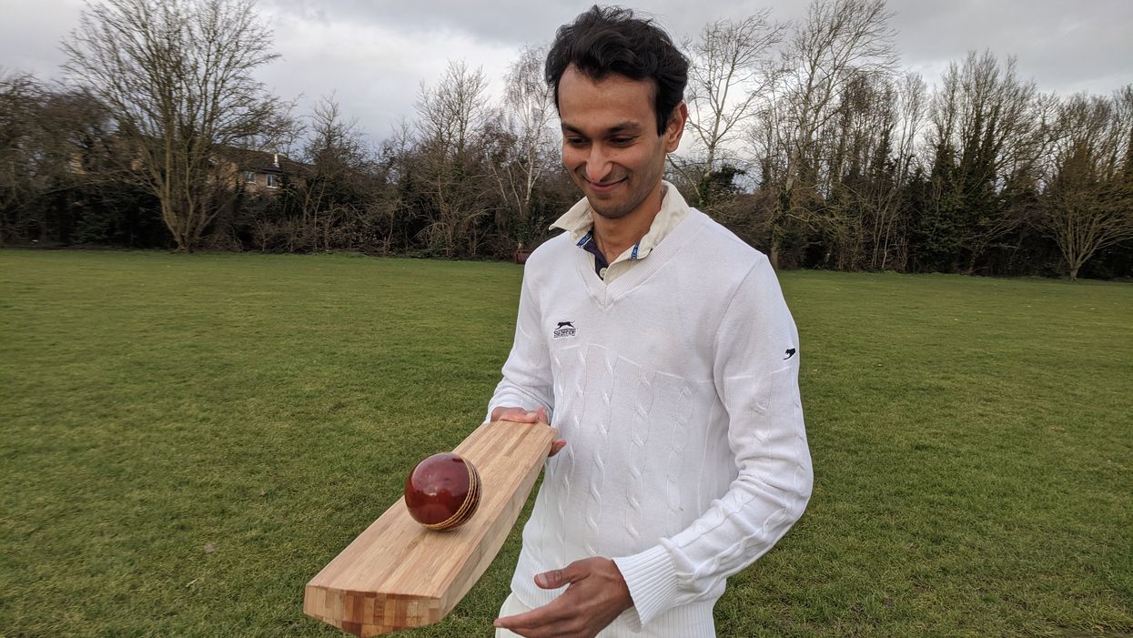 Dr Darshil Shah with the prototype bamboo cricket bat
