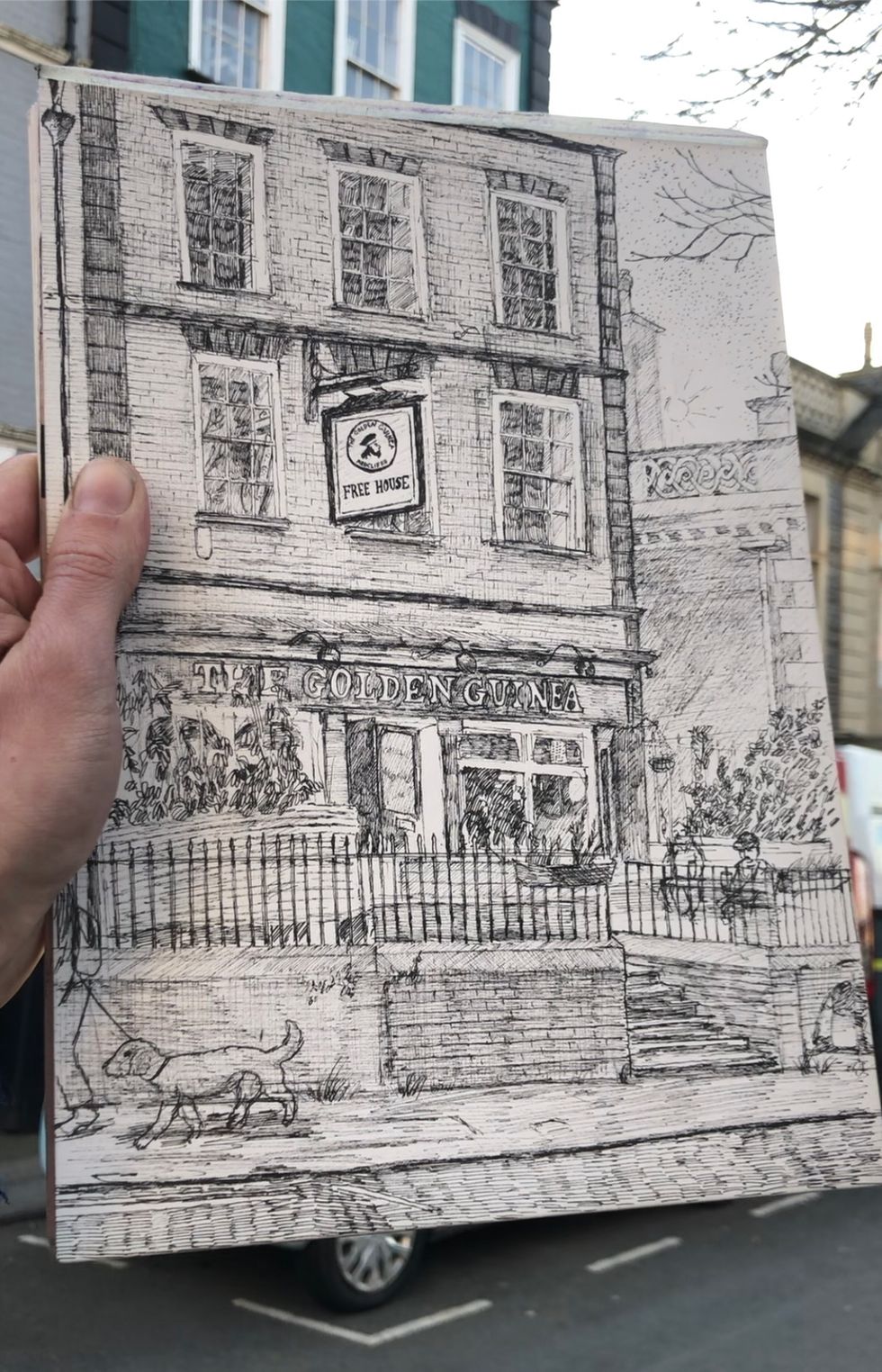 Drawing in front of pub