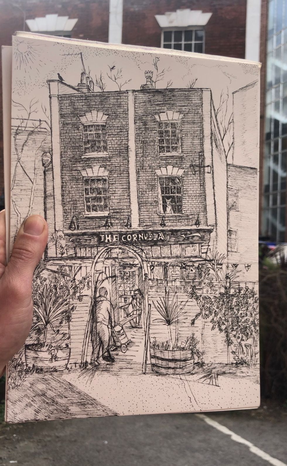 Drawing in front of pub